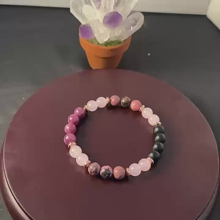 Huaxia Treasures Love & Confidence Bracelet - Garnet, Red Wood Grain Stone & Rose Quartz