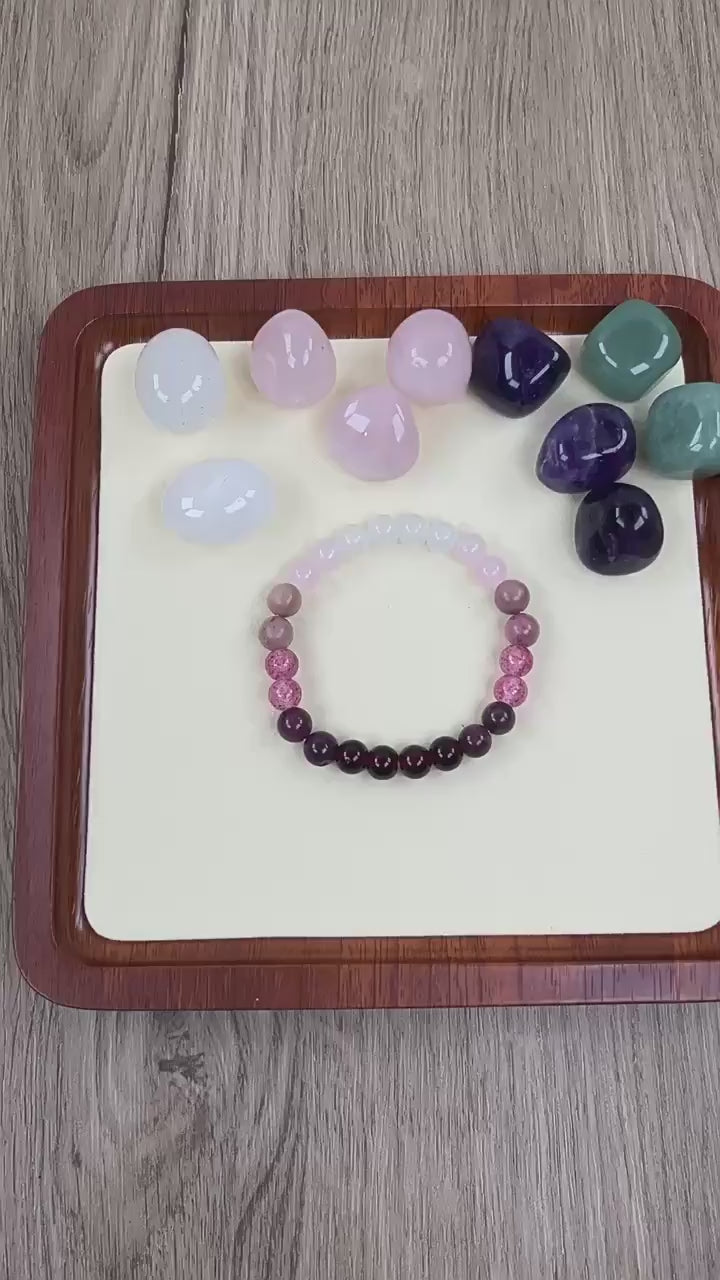 Natural Strawberry Quartz Garnet Bracelet - Women’s Red Wood Grain Stone Jewelry