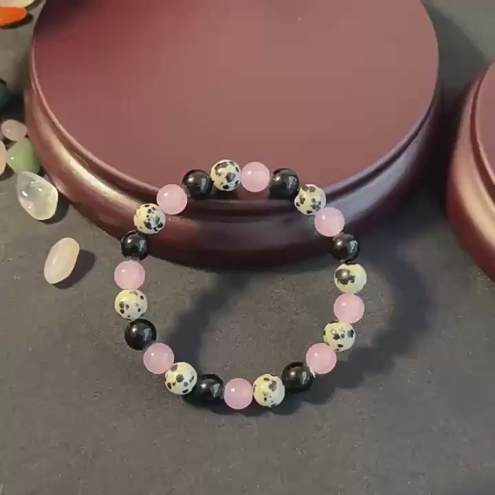 Huaxia Treasures Protection & Love Bracelet - Spot Stone, Rose Quartz & Black Obsidian