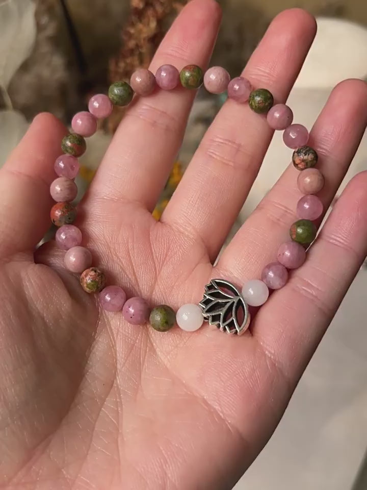 Natural Malachite Strawberry Quartz Lotus Bracelet