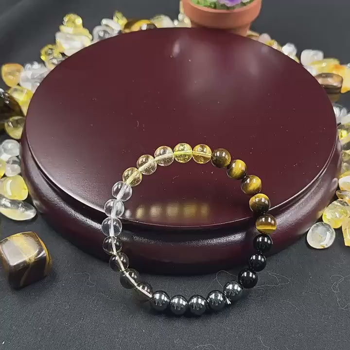 Huaxia Treasures Wealth & Success Bracelet - Tiger Eye, Black Obsidian & Smoky Quartz
